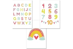 PREMYO Wall Art Prints Nursery Decor - Baby Room Decoration Girl Boy - Kids Poster Set Alphabet ABC Rainbow Picture A4
