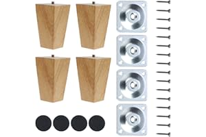 Knpwer 4 Stück 10cm Möbelfüße Holz Möbelbeine, Massivholz Beine Aus Eiche für Stühle Schrank Sofa Bett Couch, mit Montageplatten, Schrauben und Filzgleiter (Gerader Fuß)