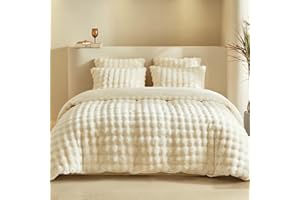 Lekesky Fluffy Double Duvet Set, Winter Fluffy Bedding Double，Soft Warm Teddy Fleece Duvet Set 3pcs (1x Shaggy Duvet Cover + 2x Pillowcases), Beige