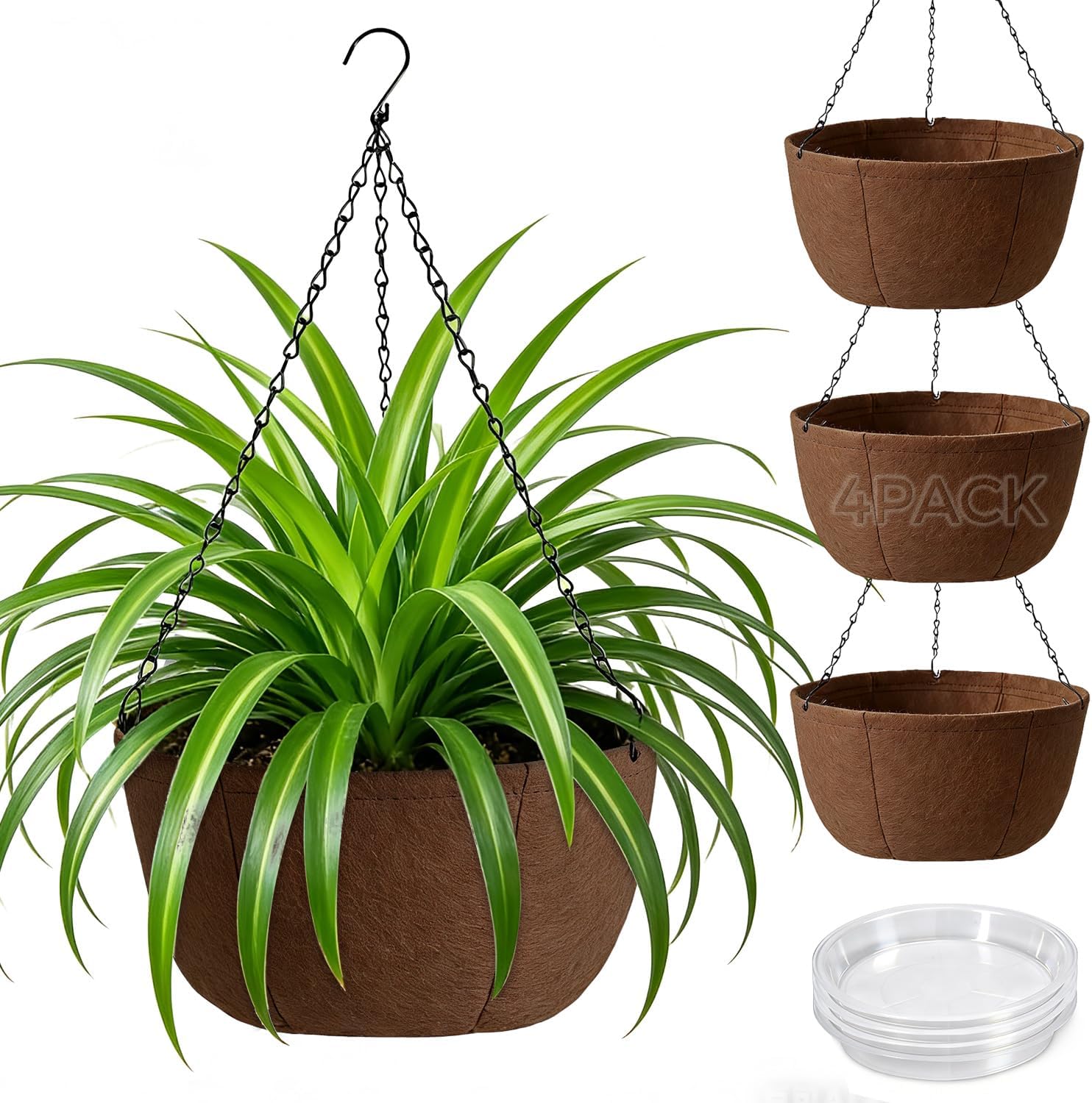 T4U Hanging Baskets Outdoor 4 Pack 30.5cm, Breathable Fabric Hanging Plant Pot with Tray to Catch Excess Water, Hanging Planter with Rustproof Chains for Growing Flowers & Plants Patio Porch Garden