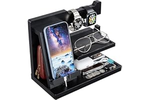 Yirilan Bedside Organiser, Wood Phone Docking Station, Bedside Organiser for Him, Gifts for Men, Mens Gifts for Xmas Presents for Dad Husband Boyfriend Anniversary & Christmas & Birthday, Black
