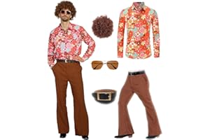 minkasic 70er Jahre Disco Kostüm Set Hippie Herren Outfit mit Schlaghose Hemd 80s Fasching Bekeidung für 50s 60s 70s Cosplay Halloween Party