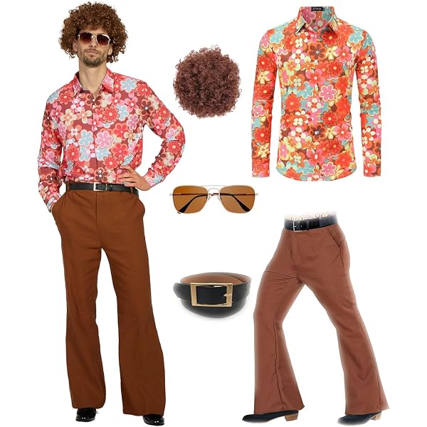 Vegaoo 60er Jahre Hippie-Kostüm Beige-bunt – Komplettset Mit Tunika, Hose, Gürtel & Stirnband (Gr. M/L)