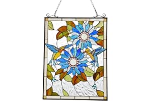 Capulina Stained Glass Window Hangings, Handmade Tiffany Art Style Sunflower and Birds Rectangle Window Panel for Window and Glass Door