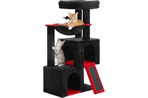 PETEPELA Drapak dla kota 104 cm z 2 przestronnymi jaskiniami dla kotów mieszkalnych, duży domek dla kotów z wygodnym hamakiem, wyściełanym drążkiem, podkładką do drapania i zdejmowaną piłką do gry,