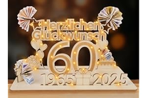 ARTREE 60 Geldgeschenke Geburtstag Frau Mann, Holz Schild Gästebuch mit LED Lichterkette, Personalisiertes Geschenke zum 60 Geburtstagszahlen, 60 Jahre Geburtstag Deko, Herzlichen Glückwunsch