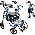 KMINA - Wheelchair Walker Duo, Rollator Hybrid 4 Wheel Folding with Seat, 2 in 1, Blue Basket
