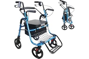 KMINA Andador Silla Plegable 2 en 1 con Cesta y Frenos de Maneta, Asiento Acolchado, Altura Regulable, Azul