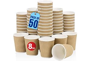MARKQ [Set of 50] [8 Oz] Brown Disposable Ripple Insulated Coffee Cups – Eco-Friendly Hot Beverage Corrugated Paper Cups for Tea