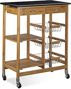 Relaxdays Küchenwagen Bambus ALFRED XL mit schwarzer Marmorplatte HBT