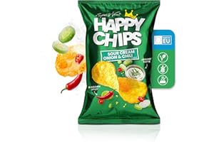 ‎HAPPY CHIPS BY TRYMACS & KNOSSI Happy Chips by Trymacs & Knossi® (10x 150g) Sour Cream Onion & Chili | Limited Edition | Extra knusprig | Chips Grosspackung | Party Box | Snackbox | Salzige Snacks | Knabberbox | Chips Box