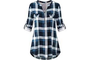 Odosalii Women's Plaid Tunic Blouse with Zip Up V Neck and Floral Print, Long/Short Sleeve Polo Top