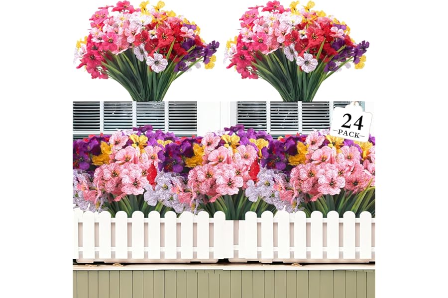 Kradeler 24 Bundles Artificial Flowers for Outdoor,6 Colors No Fade Fake Plastic Silk Flowers Faux UV Resistant Plants for Indoor Outside Garden Porch Hanging Planters Decor (Multicoloured)