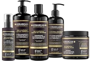 Kerargan - Ensemble Anti-Chute Shampoing, Après-shampoing, Masque, Sérum & Leave-In à l’Huile de Ricin pour Cheveux Abîmés - Soin Intensif Croissance - Sans Sulfate, Silicone - 3x500ml+100ml+350ml