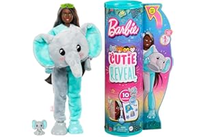 Barbie HKP98 - Lalka Cutie Reveal w pluszowym kostiumie słonia i 10 niespodzianek, w tym efekt zmiany koloru, asortyment dżungli z akcesoriami, zabawki dla lalek od 3 lat