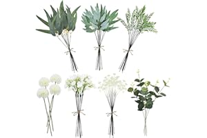 ROLLWAY 59 Piezas Ramas Plantas Artificiales en 7 Tipos de Ramas Artificiales Decorativas Tallos Verdes Artificiales Ramos Flores Artificiales Blancos para Bodas, Arreglos Florales, Centros de Mesa