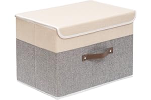 OUTBROS Boîte de Rangement, 45 x 30 x 30 cm Paniers de Rangement Pliables avec Couvercles et Poignées, Boîte Range pour Vêtement, Magazine pour, Chambre à Coucher (1 pièces, Gris/Beige)