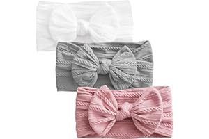 LECTNORE 3 pezzi Fascia per turbante per neonato Fasce per capelli per neonato Fiocchi per bambina Fiocco morbido Copricapo Fasce elastiche per capelli per i più piccoli Neonato (grigio/bianco/rosa)