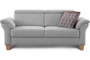 ‎CAVADORE Cavadore 3-Sitzer Sofa Ammerland / Couch mit Federkern im Landhausstil / Inkl. verstellbaren Kopfstützen / 186 x 84 x 93 / Strukturstoff hellgrau