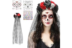 TKGEOUE Fascia per il Giorno dei Morti, con Rose Rosse E Teschi，per Il Costume Cosplay di Halloween Cerchietto Bride Giorno Della Morte.