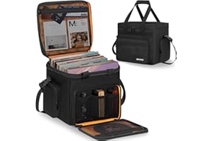 OUUTMEE Borsa per il trasporto di dischi in vinile, impermeabile, per LP da 7/10/12 pollici, custodia per LP con divisori rimovibili per viaggi e organizzazione domestica, Nero-arancione, L-33*28*33CM