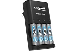 ANSMANN Chargeur pour piles Powerline 4 Smart (1 pce) + 4 piles HR6 2100mAh – Chargeur automatique pour 1 à 4 piles HR6/HR03 – Station de charge avec mode réparation & détection des accus défectueux