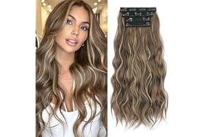 Sofeiyan Extensiones de Clip de Pelo 4PCS Cabello Extensiones Largo Ondulado con Clips Extensiones de Cabello Sintético Trama Encaje Suave Postizo para Mujer 50cm Morena Mixta Rubio Ceniza