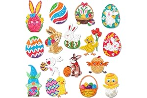 DPKOW 16pcs Easter 5D Diamond Painting Stickers for Kids Children, Gem Painting Kits for Easter Art Crafts, Easter DIY Crystal Easy Diamond Drill Painting, Easter Egg Basket Rabbit Bunny Chick Dwarf