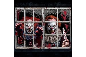 Qylazune 2PCS Halloween Decorations clown Curtain background Killer Clown Decorations, Scary Horror Window Clings, Haunted House Props for Indoor Outdoor Halloween Party, Spooky Trick or Treat Decor