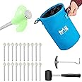 Trail 20 x Glow In The Dark Tent Pegs Heavy Duty Steel for Hard Stony Ground with Mallet, Peg Extractor and Bag with Carabiner Clip (Peg Size: 20cm x 6.5mm)