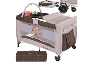 TecTake® Lettino da Viaggio Bambini con Fasciatoio, Lettino Pieghevole con Borsa, per Neonato, Portatile con Ruote, Letto Bambini Richiudibile, 132 x 75 x 104 cm - Blu