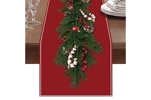 PATIMATE Camino de Mesa Navideño, Camino de Mesa de Lino Rojo Navidad con estampado de bastones de caramelo campanas de árbol de Navidad, Adornos Navideños Largo para Decoración Mesa de Cena Navidad (230x33cm)