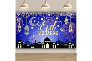 KEYIDO Eid Mubarak Banner Decorations, Large Eid Mubarak Backdrop, Eid Mubarak Background Banner for Muslim Home Decor Party Supplies, Outdoor Yard Photography Background 71x43 Inch