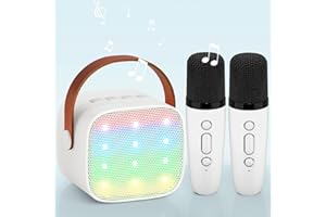 Kids Karaoke Machine, Upgrade Wowstar Karaoke Machine with 2 Wireless Microphones for Girls Boys, Mini Portable Bluetooth Speaker/Voice Changer Mic/Party Light/Toy Gift for Children Adult (White)