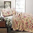 Cozy Line Home Fashions Lelia Pink Rose Blooming Floral Vintage Yellow 100% Cotton Reversible Quilt Bedding Set, Coverlet Bedspread (Rose Vivid, Queen - 3 Piece)