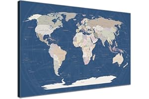 ‎LANA KK LANA KK Weltkarte-Pinnwand als Leinwandbild, pinne Deine Reisen und Erinnerungen – World Map Titan - Deutsch - Landkarten-Wandbild in blau, 80 x 60 cm