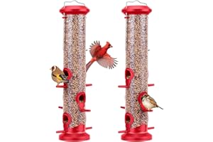 Kingsyard 2 Pack Tube Bird Feeders for Outdoors Hanging, Premium Hard Plastic Bird Feeder with 6 Feeding Ports, Weatherproof & Steel Hanger, Attracting for Wild Birds (Red)