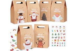 Sweelov 24 szt. torebek z uchwytem pudełka na prezenty z papieru kraftowego z naklejkami świątecznymi, torba na cukierki na przyjęcie świąteczne pudełka z papieru kraftowego z naklejkami świątecznymi do torebek DIY (6 stylów