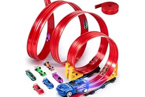 LumenVela Autorennbahn Kinder, 500CM Rennbahn Rennstrecke Flexible Rennstrecke Kinder mit 6 Kleinwagen Aufbewahrungstasche Rampe DIY-Autobahn Portable Autorennbahn ab 4 5 6 7 Jahre (Rot)