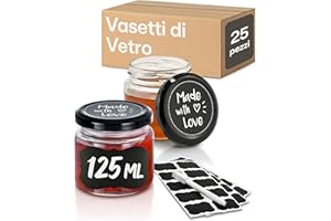 Praknu 25 Vasetti di Vetro da 125 ml - Con Etichette e Pennarello - Ermetici - Lavabili in Lavastoviglie - Ideali per Bomboniere