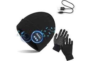 TAGVO Bluetooth V5.0 Beanie con Guanti Touchscreen Set, addensata Inverno Caldo Lavorato a Maglia Senza Fili Bluetooth Cuffia Cappello da Musica Altoparlante Stereo Incorporato e Microfono per Regalo