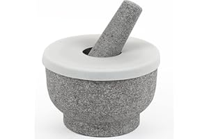 KITCHENHI Granite Mortar and Pestle, Large Capacity Stone Grinding Bowl with Silica Gel Cover, For Grinding Herbs and Spices, 15cm, 400ml (Grey)