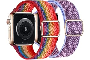 EWENYS 2Pack Replacement Strap for Apple Watch Series 8 7 41mm, Series 6 5 4 SE 40mm, Series 3 2 1 38mm, Stretchy Adjustable Elastic Nylon Fabric,Rainbow + Purple