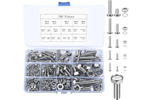SYBDXJ Juego de pernos y tuercas hexagonales con arandelas, juego de combinación de pernos de tornillos para máquina de 180 piezas con tuercas y arandelas hexagonales, métrico M4/M5/M6/M8/M10
