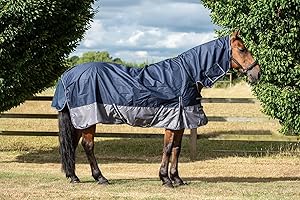 eQuitack 600D Lightweight Turnout Horse Rug | Water Resistant Horse Blankets with 0g No Filling and Combo Full Neck | Horse Cover with Adjustable Leg Straps (Navy/Grey 6'6'')