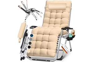 KESSER® Tumbona Plegable y Resistente | Silla de Jardín, Capacidad de 200 kg, Acolchado Ergonómico Extra Ancho, Respaldo Ajustable, Almohada para el Cuello y Portavasos Beige