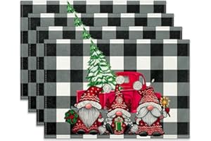 Ohok Set di 4 tovagliette natalizie, 30,5 x 45,7 cm, decorazione natalizia per feste e sala da pranzo (gnomo natalizio nero bianco a quadri)