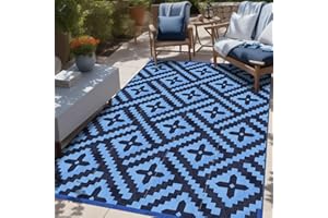 Momooda Alfombra de exterior geométrica de paja de plástico, protección UV, alfombra de terraza reversible, lavable, impermeable, para camping, jardín, para balcón, caravana, color negro y azul, 180 x