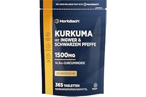 ‎HORBÄACH Curcuma Extrakt mit Ingwer und Schwarzem Pfeffer 1500mg | 1 Jahr Vorrat - 365 Vegan Tabletten | Turmeric Complex mit Piperin | Horbaach