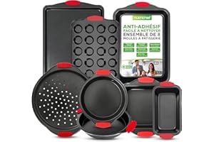 NutriChef Moules à Pâtisserie - Set de 8 Plateaux de Cuisson Antiadhésif en Acier au Carbone - Plateaux Empilables - Inclut Plaques à Biscuits, Moule à Cake, Pizza, Muffins et Gâteau - Noir